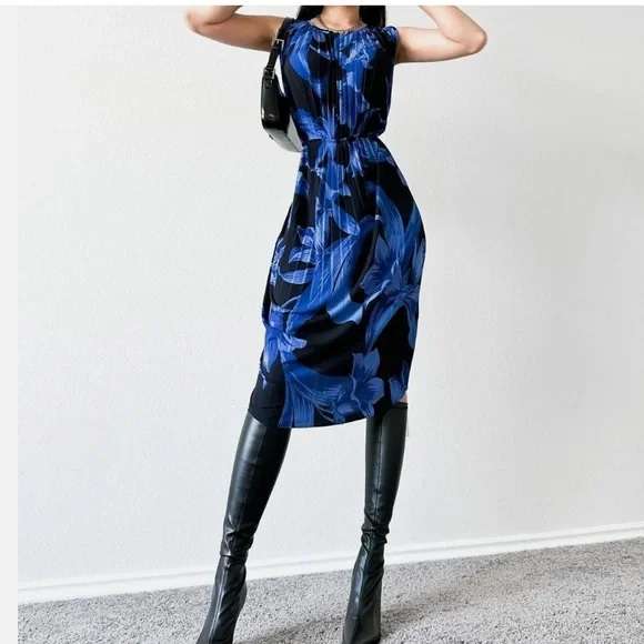 Ann Taylor Blue Black Pleated Flared Knee Length Sundress Cocktail Dress